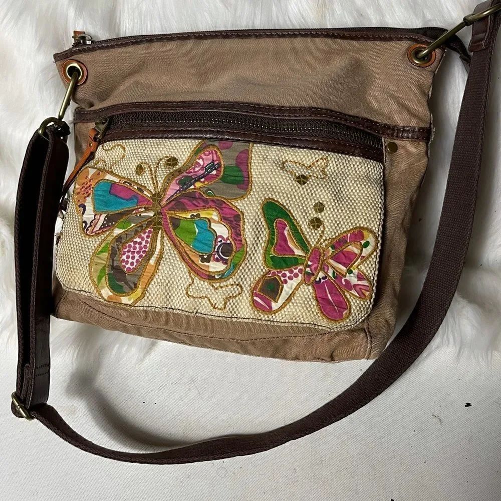 Fossil long live vintage 1954 Butterfly  beige canvas crossbody bag